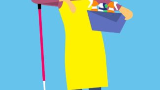 Cartoon of a man holding cleaning supplies and leaning on a broom while smiling